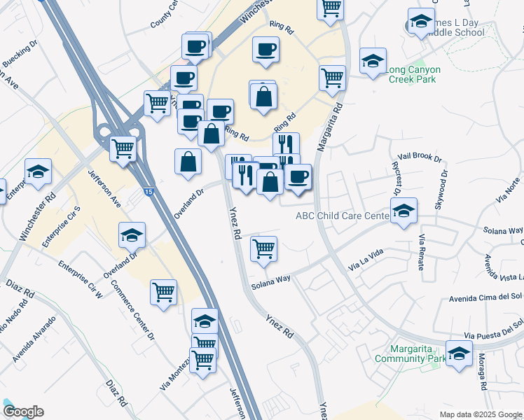 map of restaurants, bars, coffee shops, grocery stores, and more near 41785 Nicole Ln in Temecula