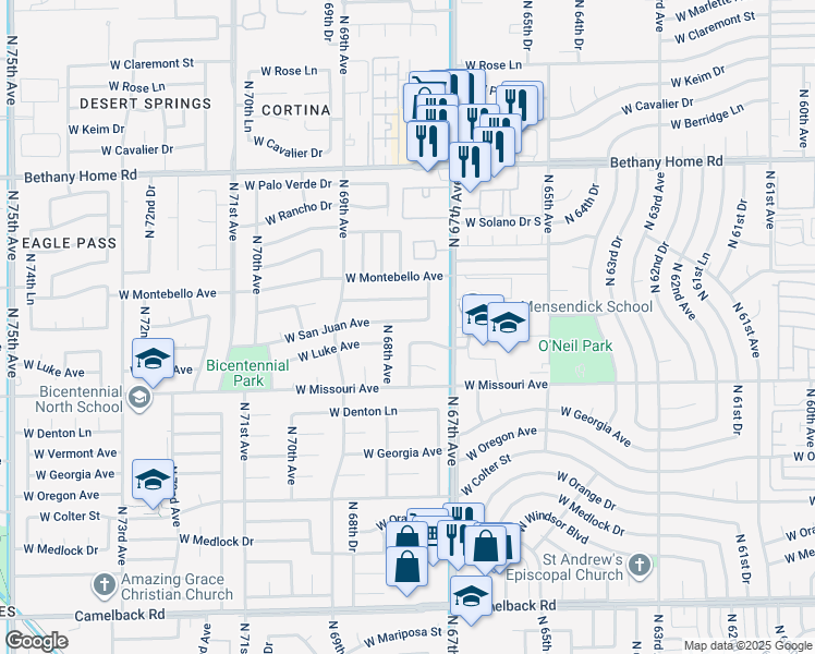 map of restaurants, bars, coffee shops, grocery stores, and more near 6724 West San Juan Avenue in Glendale