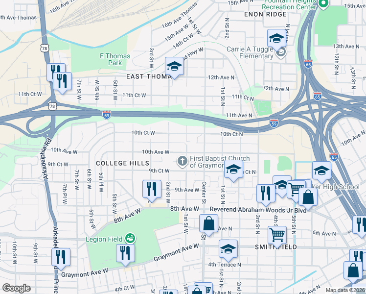 map of restaurants, bars, coffee shops, grocery stores, and more near 100 10th Avenue West in Birmingham