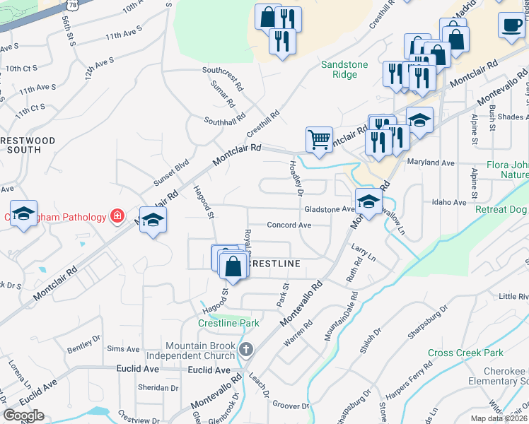 map of restaurants, bars, coffee shops, grocery stores, and more near 1207 Gladstone Avenue in Birmingham
