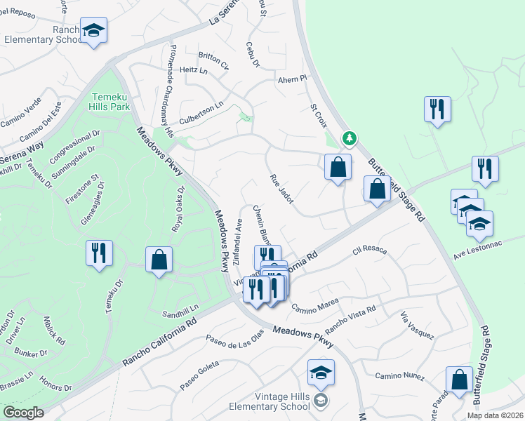 map of restaurants, bars, coffee shops, grocery stores, and more near 32010 Merlot Court in Temecula
