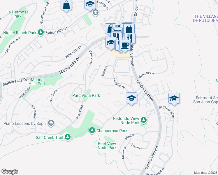 map of restaurants, bars, coffee shops, grocery stores, and more near 20 Center Court in Laguna Niguel