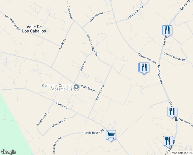 map of restaurants, bars, coffee shops, grocery stores, and more near 41445 Valencia Way in Temecula