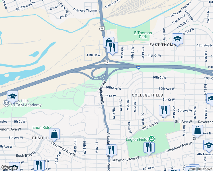 map of restaurants, bars, coffee shops, grocery stores, and more near 728 10th Avenue West in Birmingham