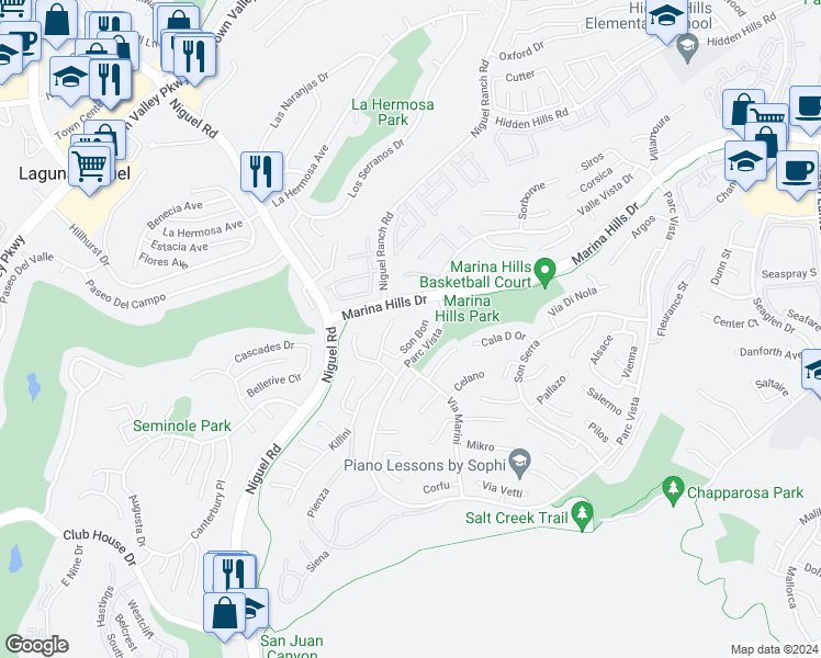 map of restaurants, bars, coffee shops, grocery stores, and more near 19 Son Bon in Laguna Niguel