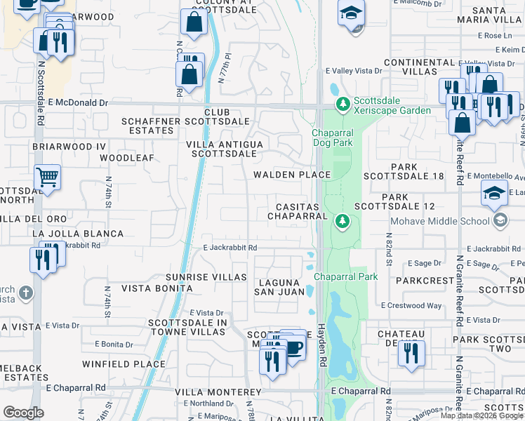 map of restaurants, bars, coffee shops, grocery stores, and more near 5654 North 78th Way in Scottsdale