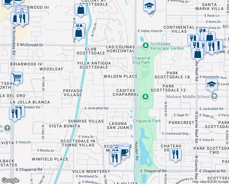 map of restaurants, bars, coffee shops, grocery stores, and more near 5654 North 78th Way in Scottsdale