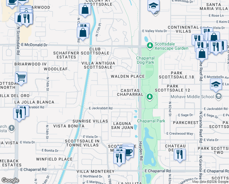 map of restaurants, bars, coffee shops, grocery stores, and more near 5654 North 78th Way in Scottsdale
