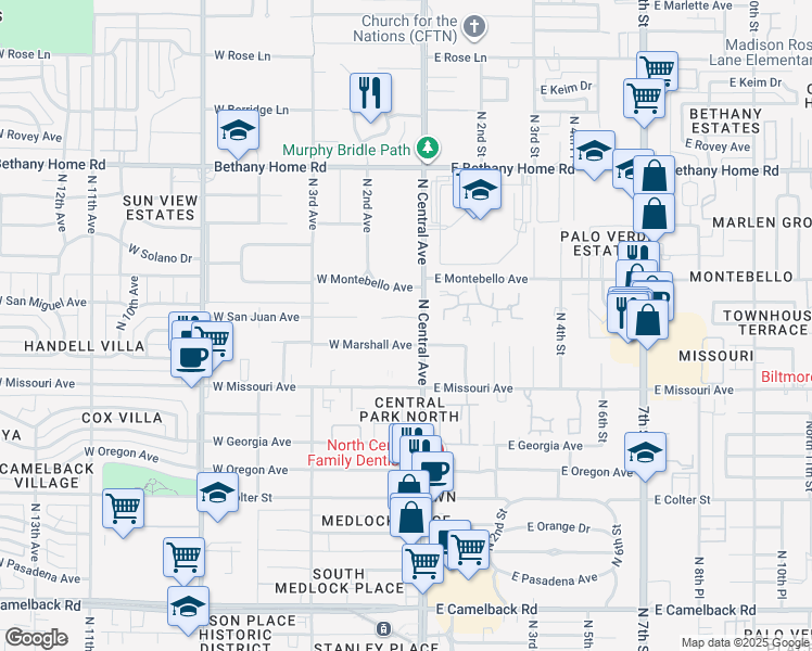 map of restaurants, bars, coffee shops, grocery stores, and more near 2 West San Juan Avenue in Phoenix