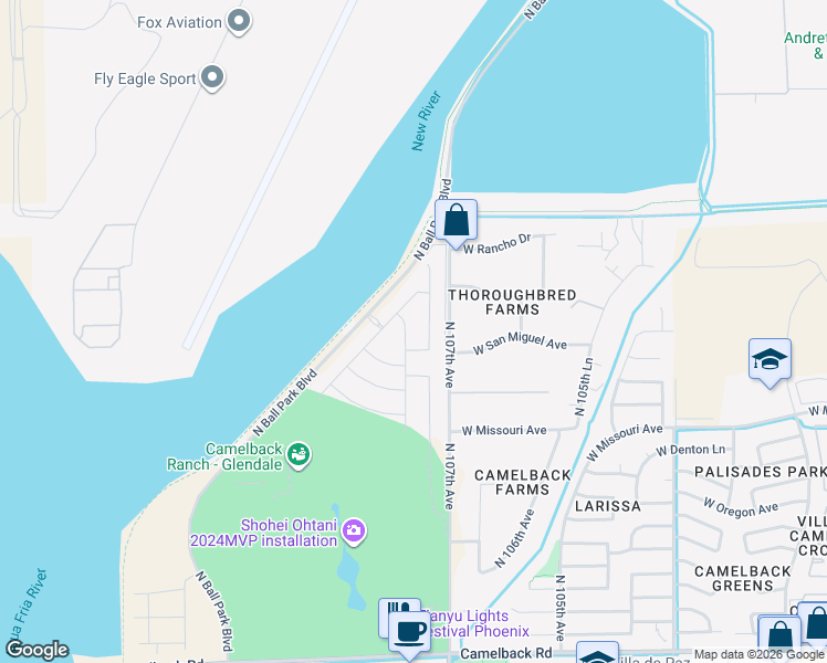 map of restaurants, bars, coffee shops, grocery stores, and more near 5725 North 108th Avenue in Phoenix
