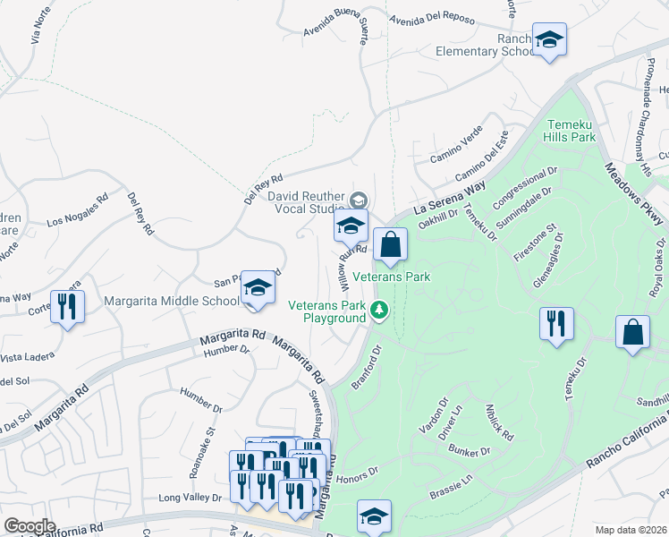 map of restaurants, bars, coffee shops, grocery stores, and more near 41440 Willow Run Road in Temecula