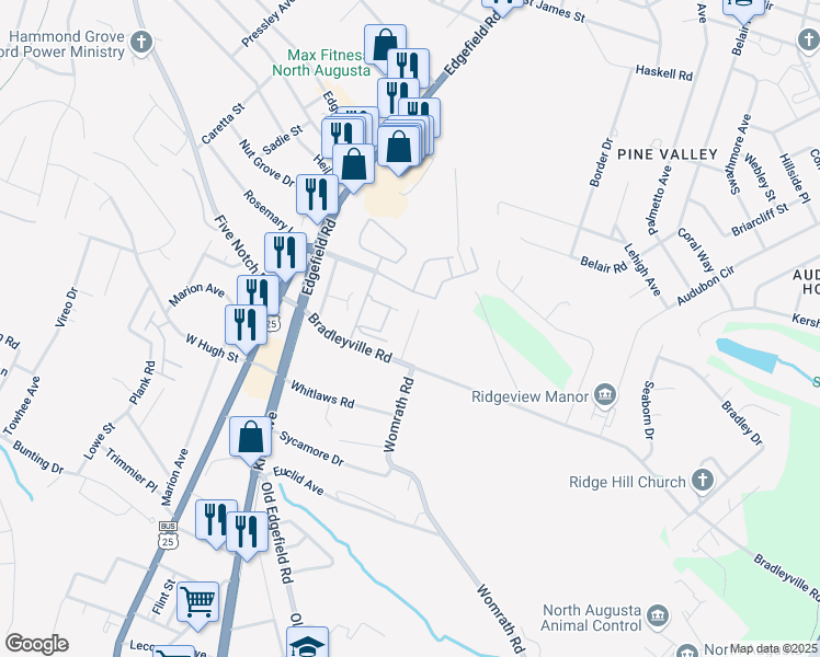 map of restaurants, bars, coffee shops, grocery stores, and more near 128 Chalet North Court in North Augusta