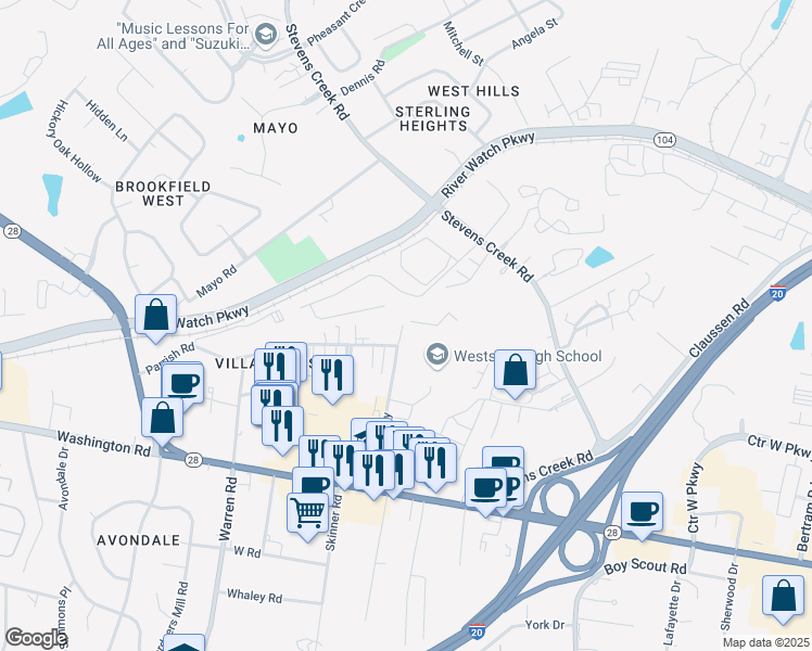 map of restaurants, bars, coffee shops, grocery stores, and more near 42 Iron Horse Court in Augusta