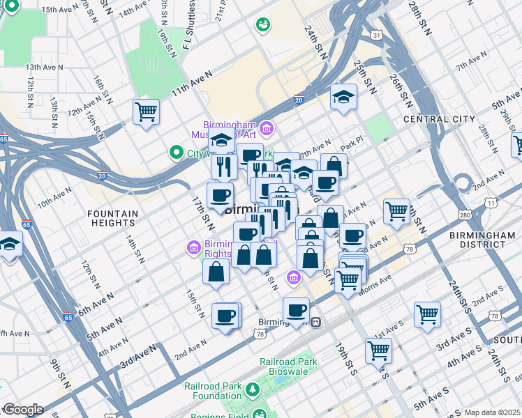 map of restaurants, bars, coffee shops, grocery stores, and more near in Birmingham