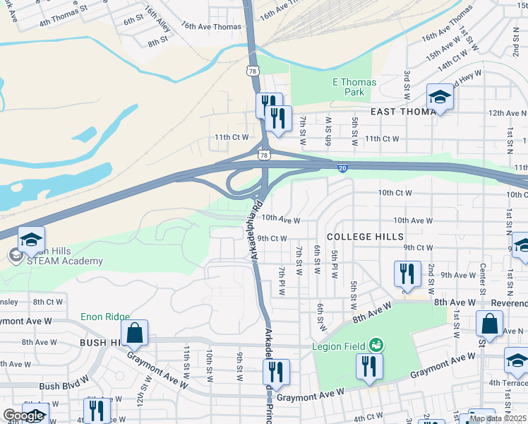 map of restaurants, bars, coffee shops, grocery stores, and more near 728 10th Avenue West in Birmingham
