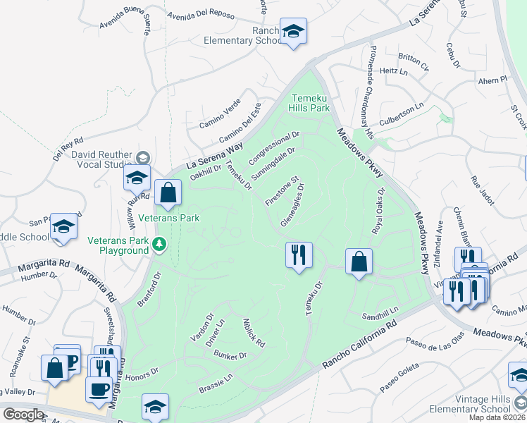 map of restaurants, bars, coffee shops, grocery stores, and more near 41433 Temeku Drive in Temecula