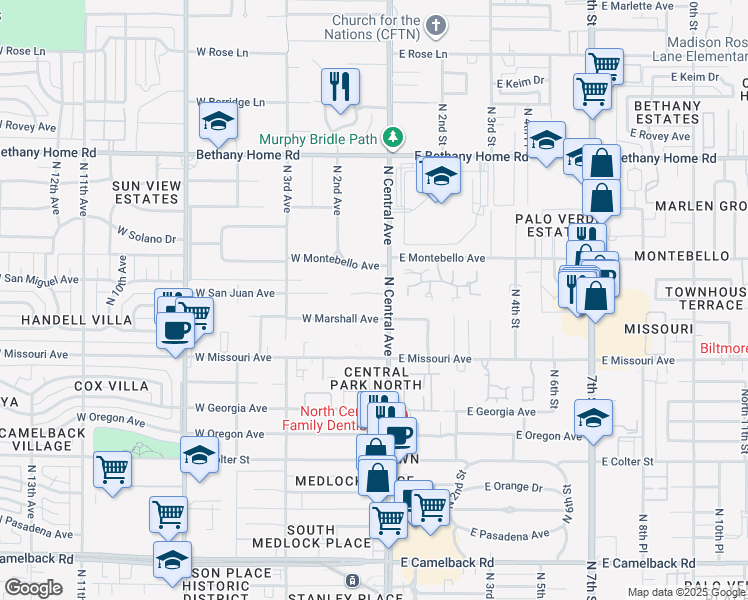 map of restaurants, bars, coffee shops, grocery stores, and more near 2 West San Juan Avenue in Phoenix