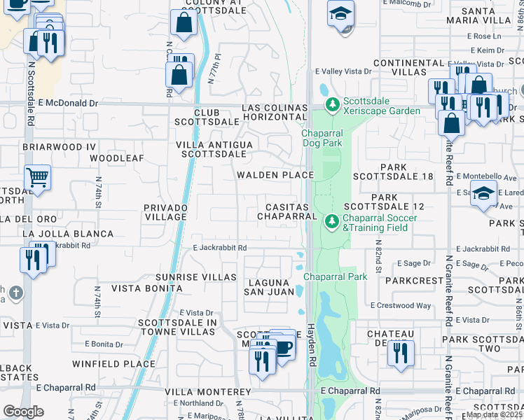 map of restaurants, bars, coffee shops, grocery stores, and more near 5654 North 78th Way in Scottsdale