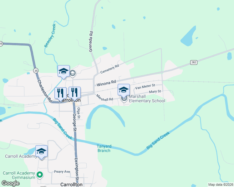 map of restaurants, bars, coffee shops, grocery stores, and more near 598 1st Street in Carrollton