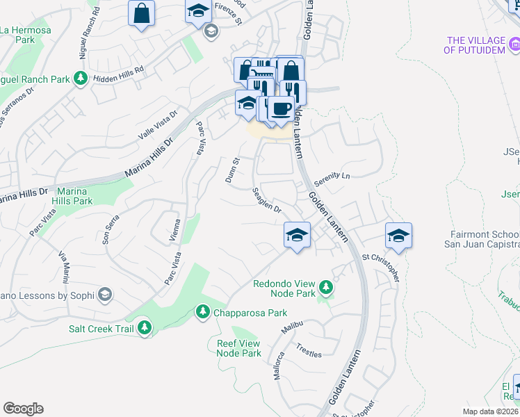 map of restaurants, bars, coffee shops, grocery stores, and more near 30 Center Court in Laguna Niguel