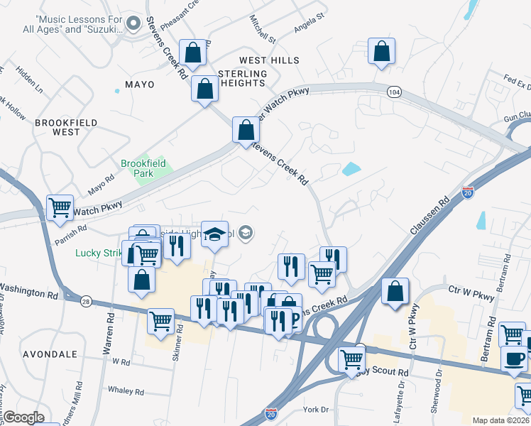 map of restaurants, bars, coffee shops, grocery stores, and more near 2201-2213 Thicket Court in Augusta