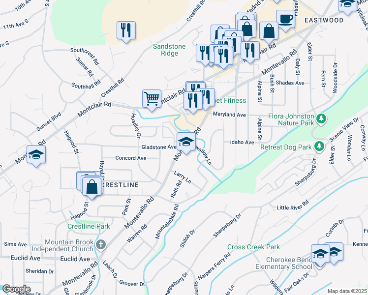 map of restaurants, bars, coffee shops, grocery stores, and more near 4447 Montevallo Road in Birmingham