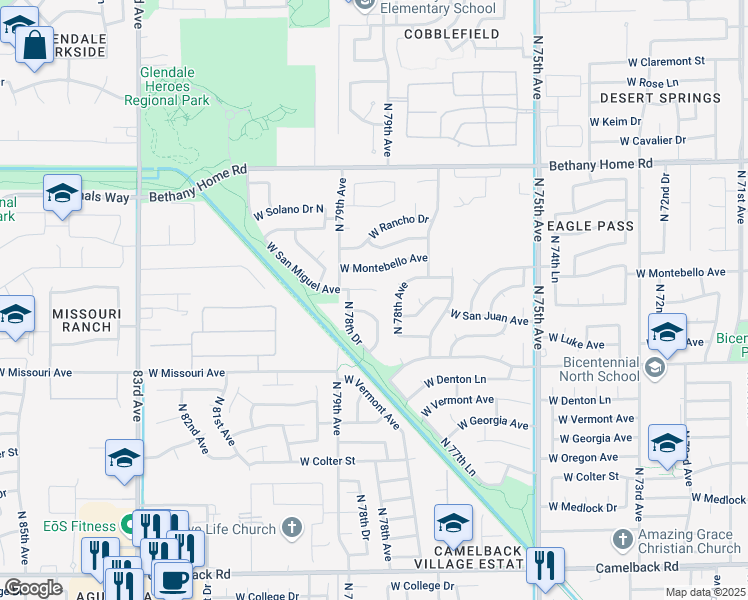 map of restaurants, bars, coffee shops, grocery stores, and more near 7817 West San Miguel Avenue in Glendale