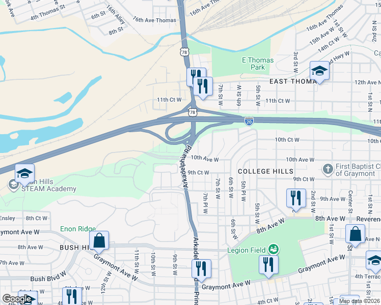 map of restaurants, bars, coffee shops, grocery stores, and more near 728 10th Avenue West in Birmingham