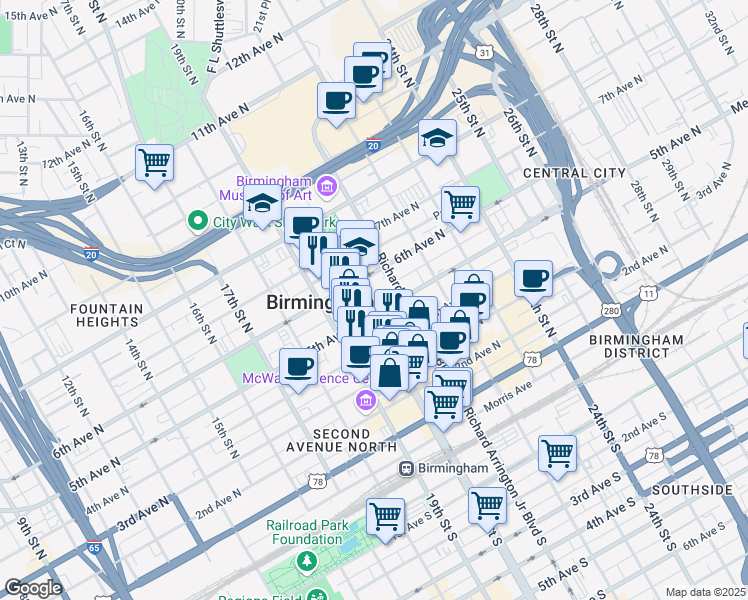 map of restaurants, bars, coffee shops, grocery stores, and more near 2021 6th Avenue North in Birmingham