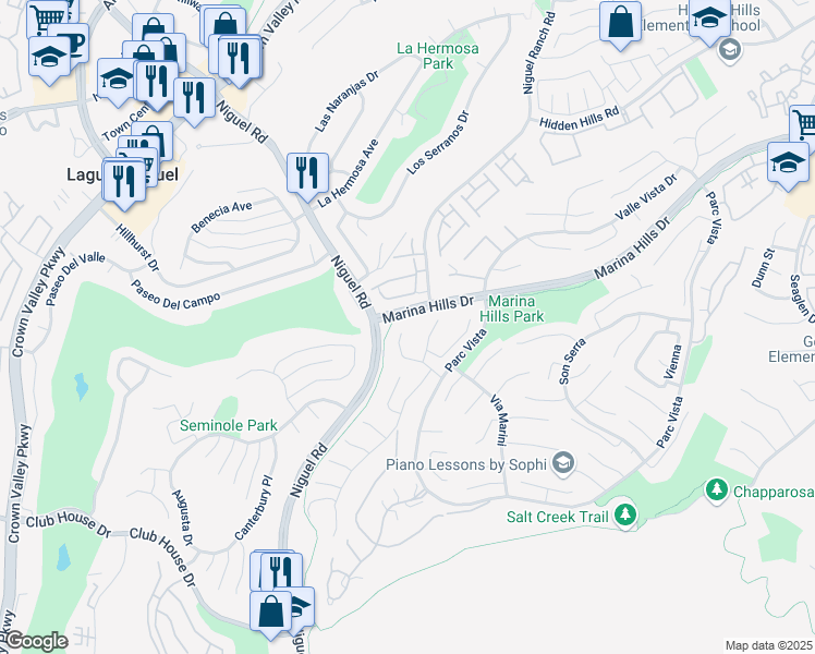 map of restaurants, bars, coffee shops, grocery stores, and more near 2 Cala Moreya Street in Laguna Niguel