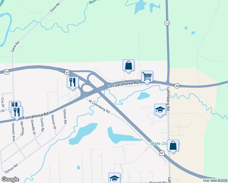 map of restaurants, bars, coffee shops, grocery stores, and more near 734 Tuscaloosa Road in Columbus