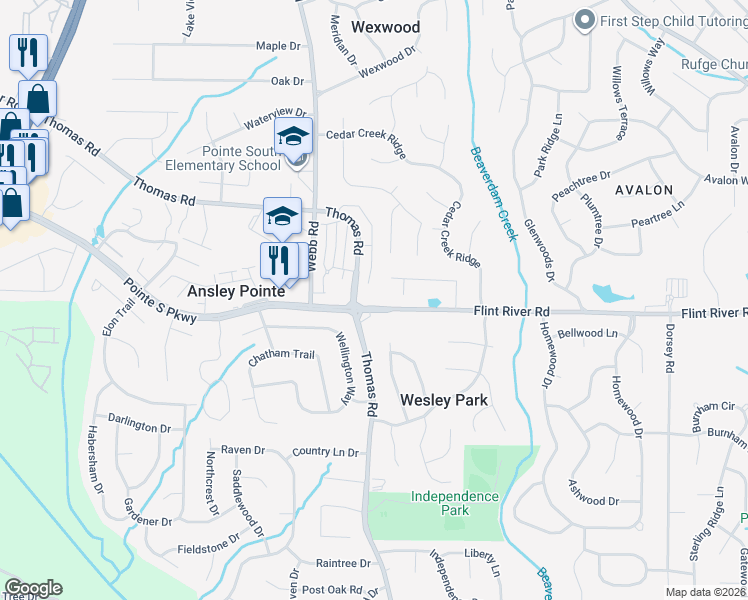 map of restaurants, bars, coffee shops, grocery stores, and more near 529 Flint River Road in Riverdale