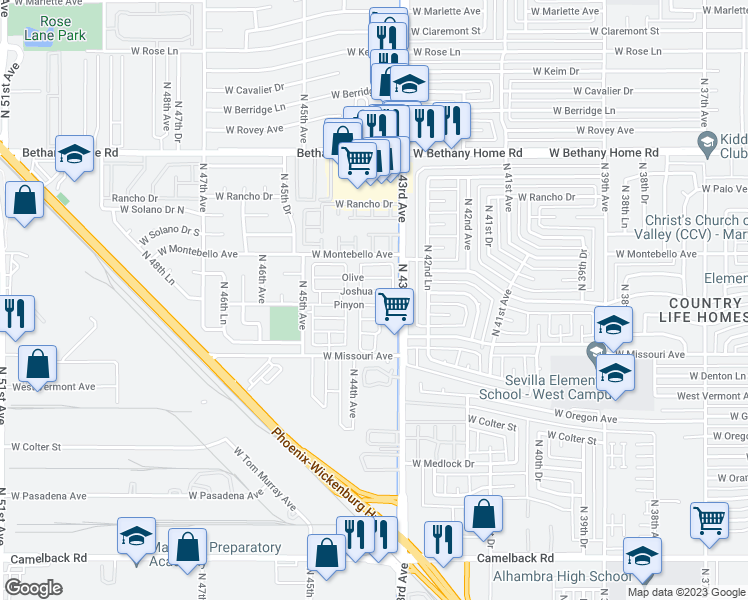 map of restaurants, bars, coffee shops, grocery stores, and more near 4400 West Missouri Avenue in Glendale