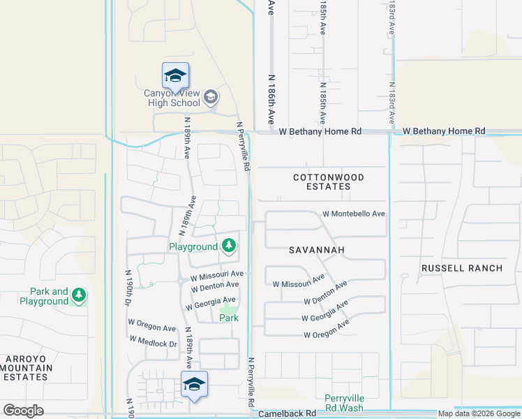 map of restaurants, bars, coffee shops, grocery stores, and more near 5712 North 186th Drive in Litchfield Park