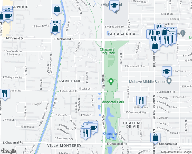 map of restaurants, bars, coffee shops, grocery stores, and more near 7921 East San Miguel Avenue in Scottsdale