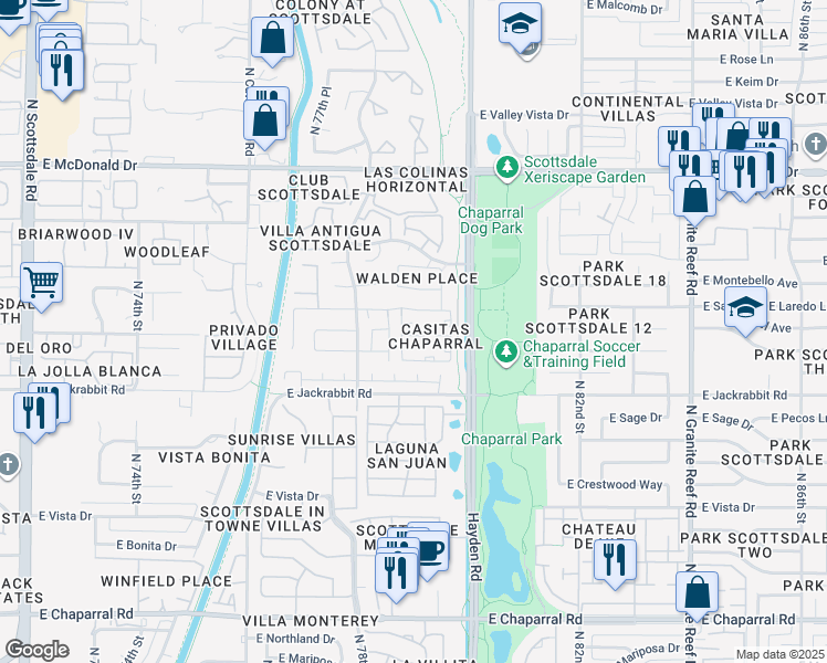 map of restaurants, bars, coffee shops, grocery stores, and more near 7921 East San Miguel Avenue in Scottsdale