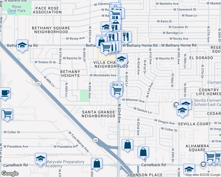 map of restaurants, bars, coffee shops, grocery stores, and more near 4400 West Missouri Avenue in Glendale