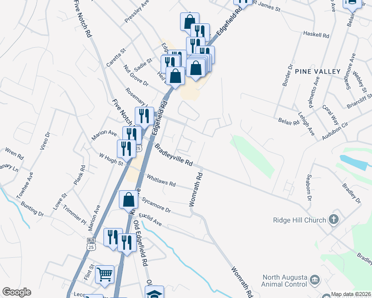 map of restaurants, bars, coffee shops, grocery stores, and more near 400 Swiss Street in North Augusta