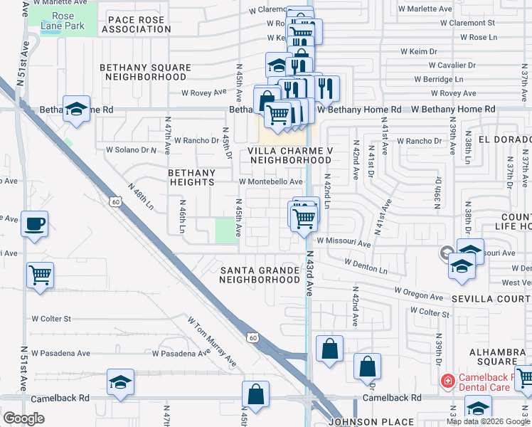 map of restaurants, bars, coffee shops, grocery stores, and more near 4400 West Missouri Avenue in Glendale