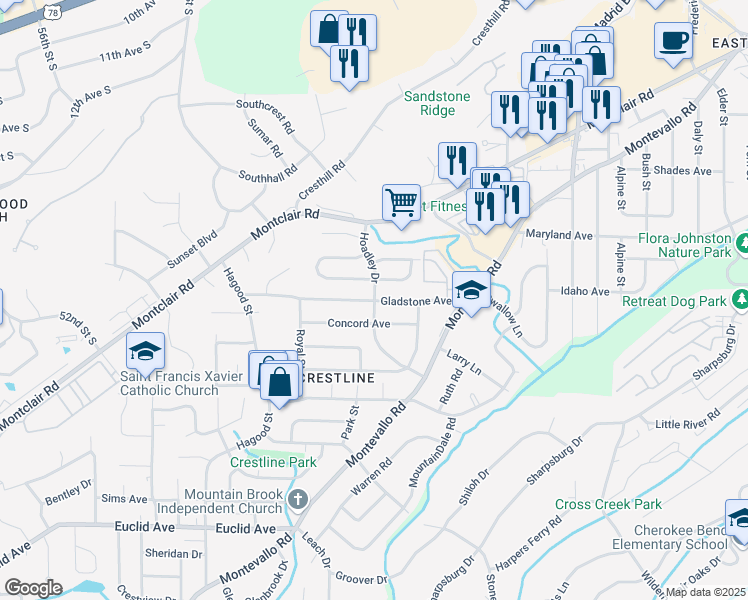 map of restaurants, bars, coffee shops, grocery stores, and more near 700 Hoadley Drive in Birmingham