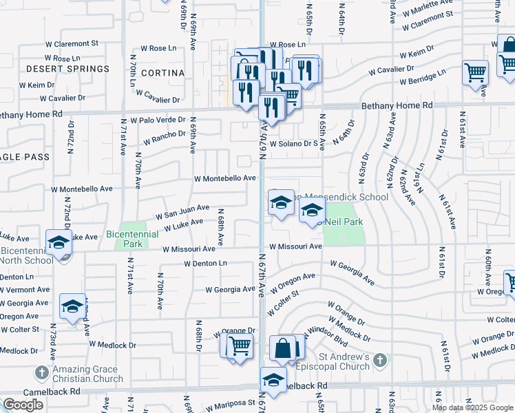 map of restaurants, bars, coffee shops, grocery stores, and more near 5604 North 67th Avenue in Glendale