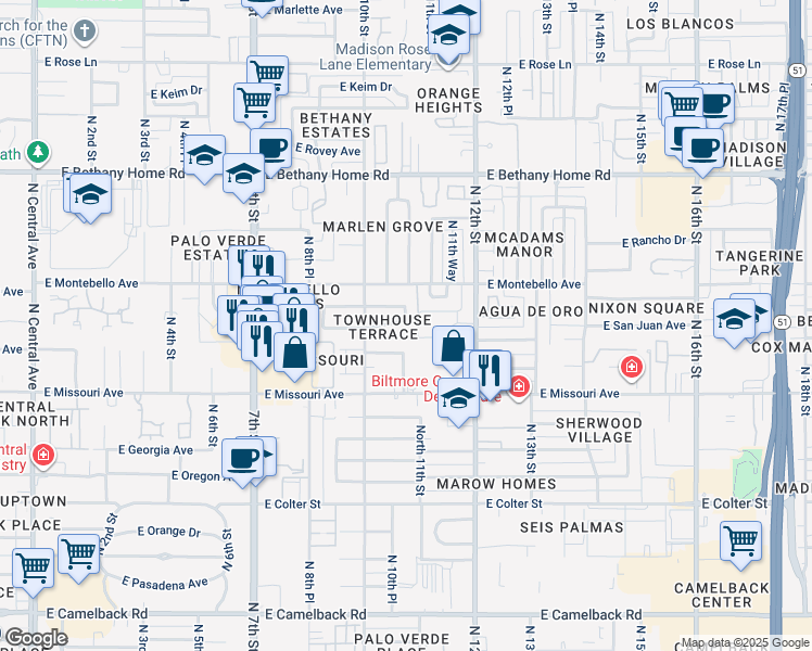 map of restaurants, bars, coffee shops, grocery stores, and more near North 11th Street in Phoenix