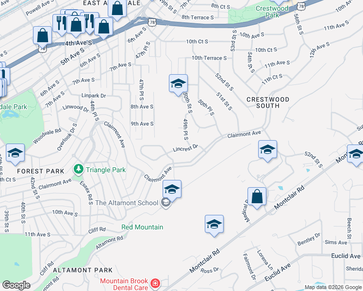 map of restaurants, bars, coffee shops, grocery stores, and more near 4816 Lincrest Drive in Birmingham