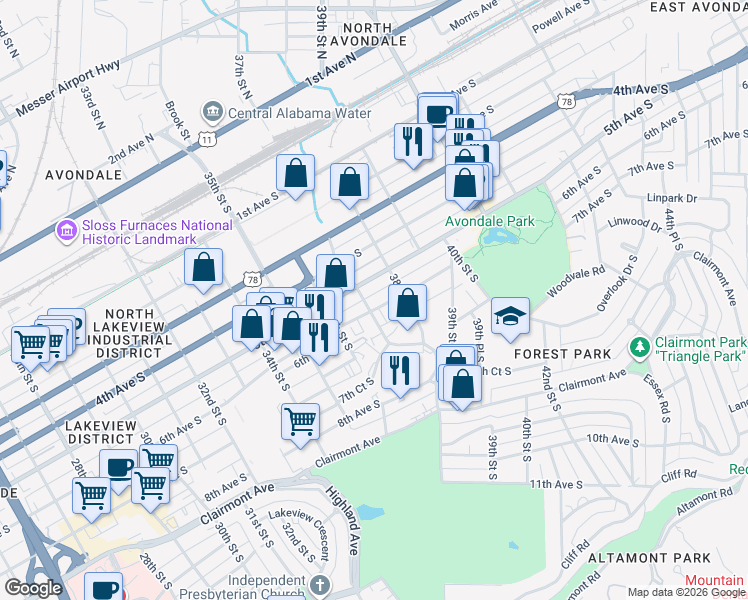 map of restaurants, bars, coffee shops, grocery stores, and more near 3701 5th Avenue South in Birmingham