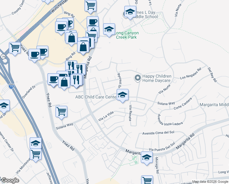 map of restaurants, bars, coffee shops, grocery stores, and more near 29648 Amwood Way in Temecula