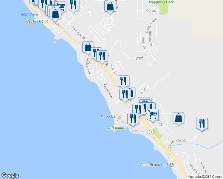 map of restaurants, bars, coffee shops, grocery stores, and more near 42 Lagunita Drive in Laguna Beach