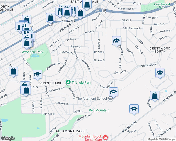 map of restaurants, bars, coffee shops, grocery stores, and more near 733 Linwood Road in Birmingham