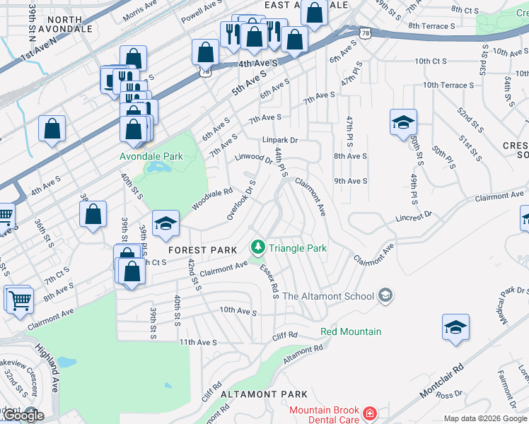 map of restaurants, bars, coffee shops, grocery stores, and more near 4424 Overlook Road in Birmingham
