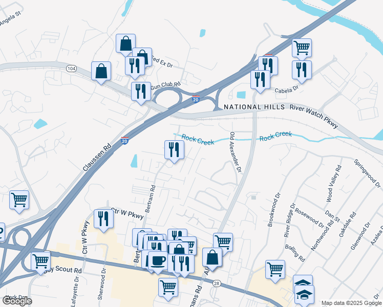 map of restaurants, bars, coffee shops, grocery stores, and more near 2116 Buckhaven Drive in Augusta
