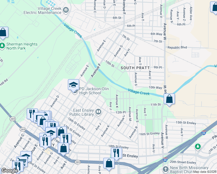 map of restaurants, bars, coffee shops, grocery stores, and more near 1100 Avenue J in Birmingham